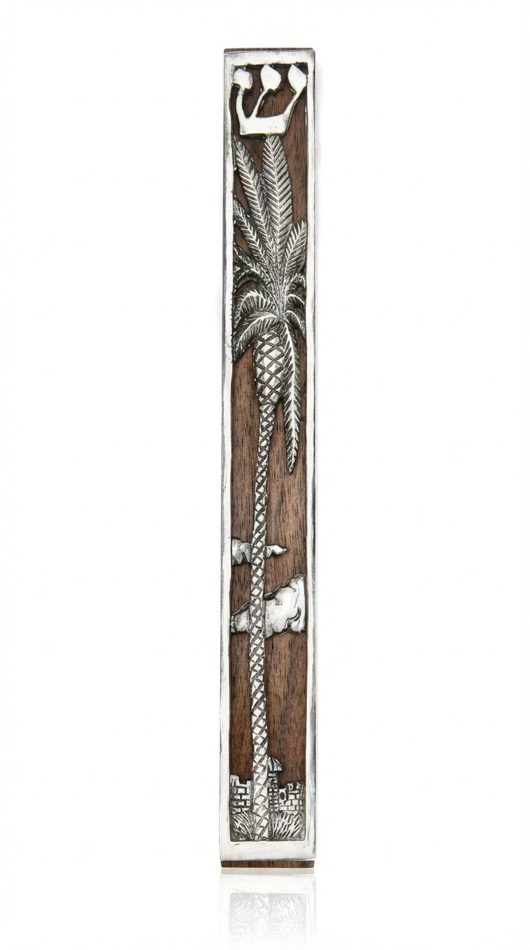 Large Jericho Mezuzah with pewter date palm tree design on dark wood, includes strong mounting tape and space for a scroll.
