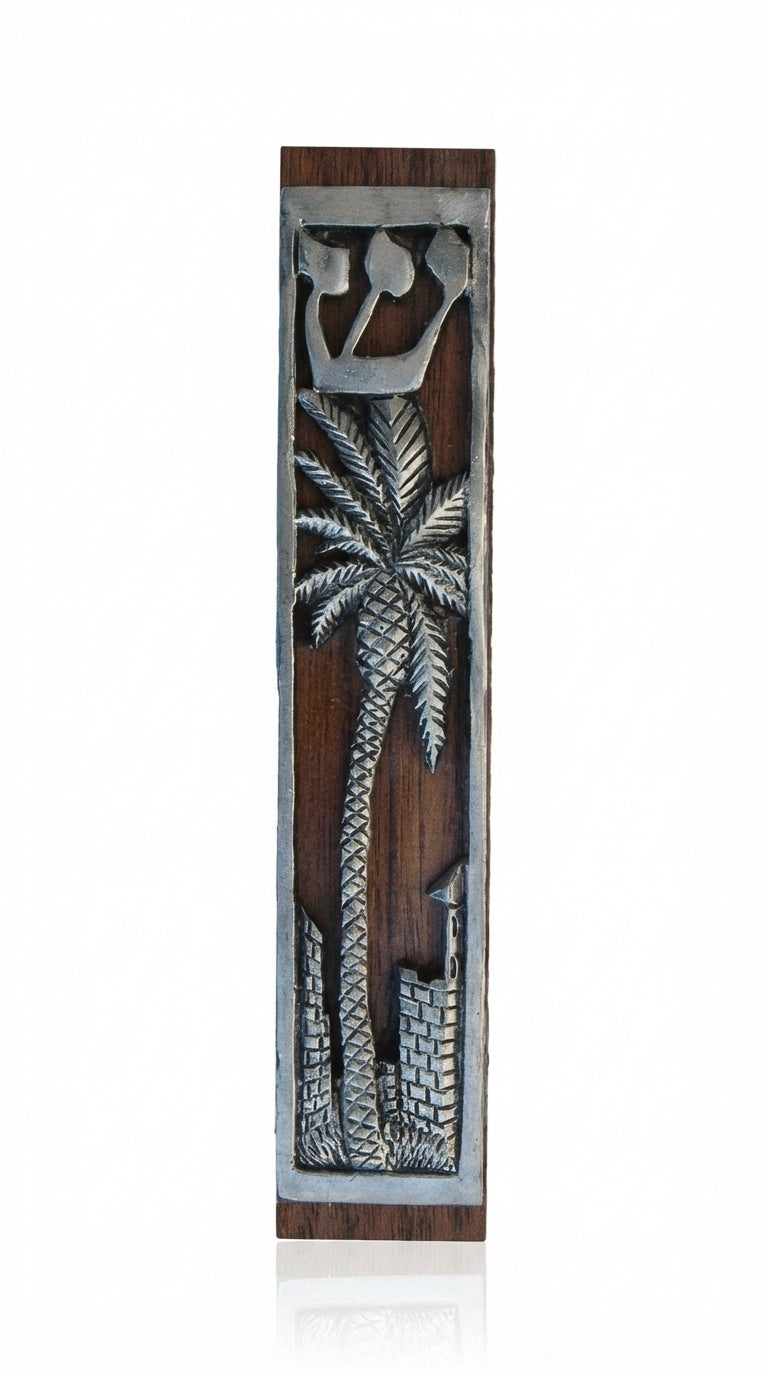 Jericho Mezuzah featuring a pewter date palm tree on a dark wood background, with precise details and inscriptions, on a white studio surface.