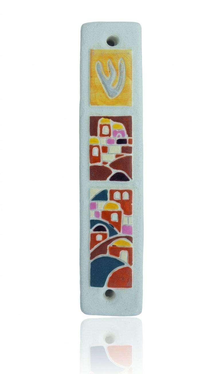 Hand-painted Jerusalem ceramic mezuzah with dome roofed homes in Mediterranean colors, perfect for home doorways and blessings.