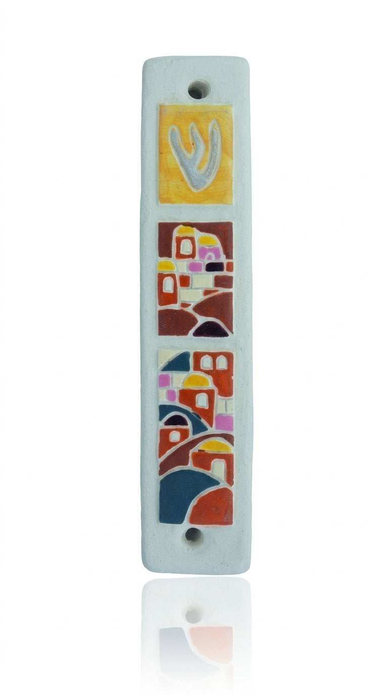 Hand-painted Jerusalem ceramic mezuzah with dome roofed homes in Mediterranean colors, perfect for home doorways and blessings.