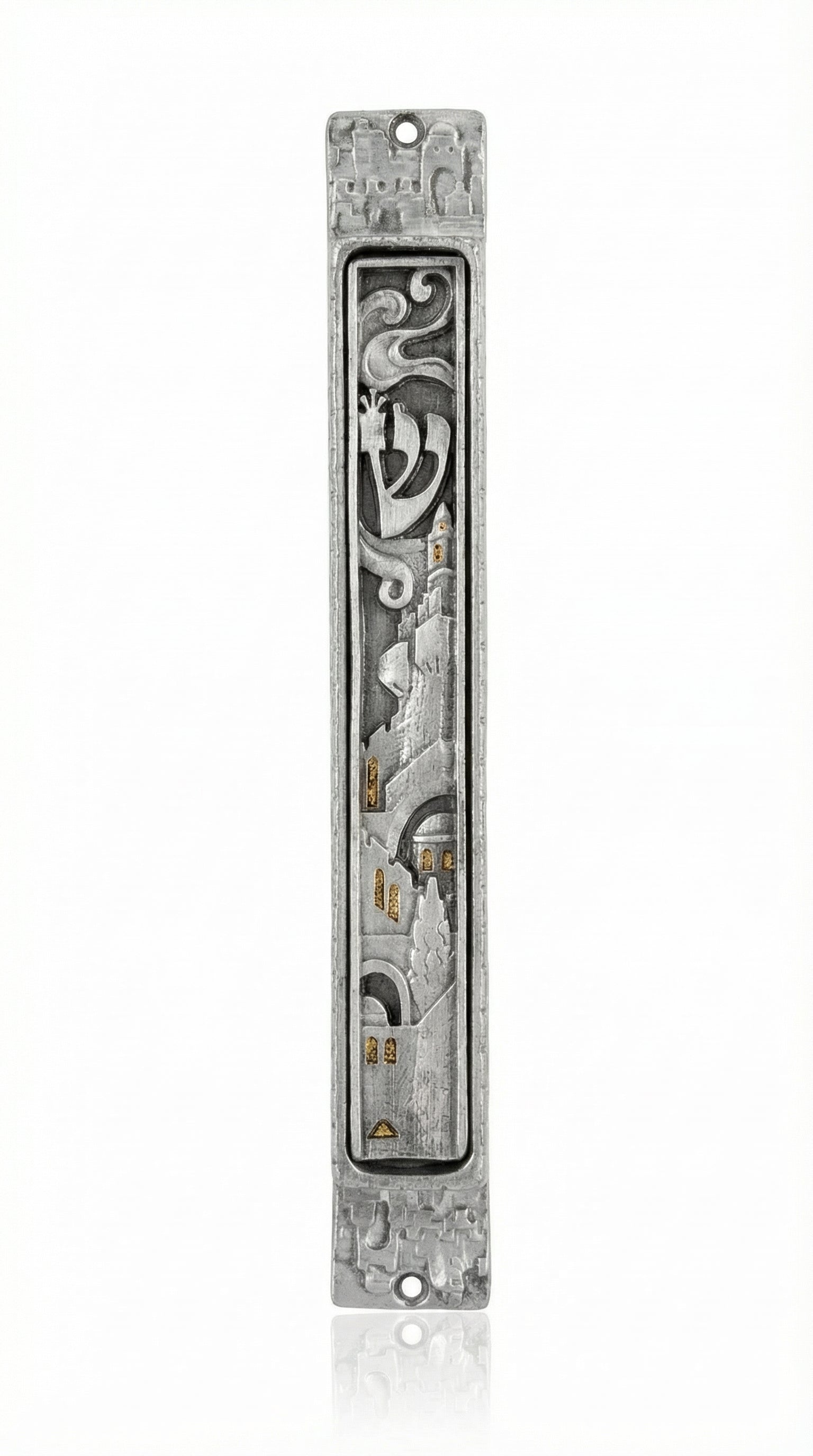 Large Jerusalem cityscape pewter mezuzah with gold accents, high relief design, 6.5 inches tall, designed for indoor doorways, crafted in Israel.