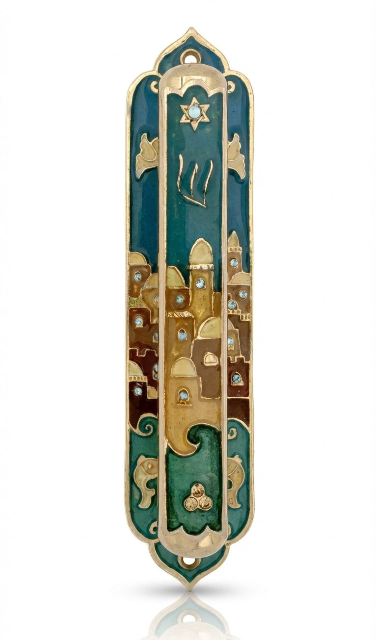 Hand-painted Jerusalem Doves Mezuzah crafted from brass with enamel, featuring flying white doves over Jerusalem, mounted on a white background with subtle reflection.
