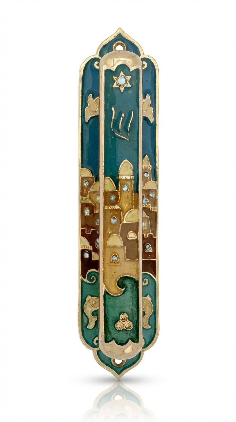 Hand-painted Jerusalem Doves Mezuzah crafted from brass with enamel, featuring flying white doves over Jerusalem, mounted on a white background with subtle reflection.