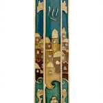 Hand-painted Jerusalem Doves Mezuzah crafted from brass with enamel, featuring flying white doves over Jerusalem, mounted on a white background with subtle reflection.