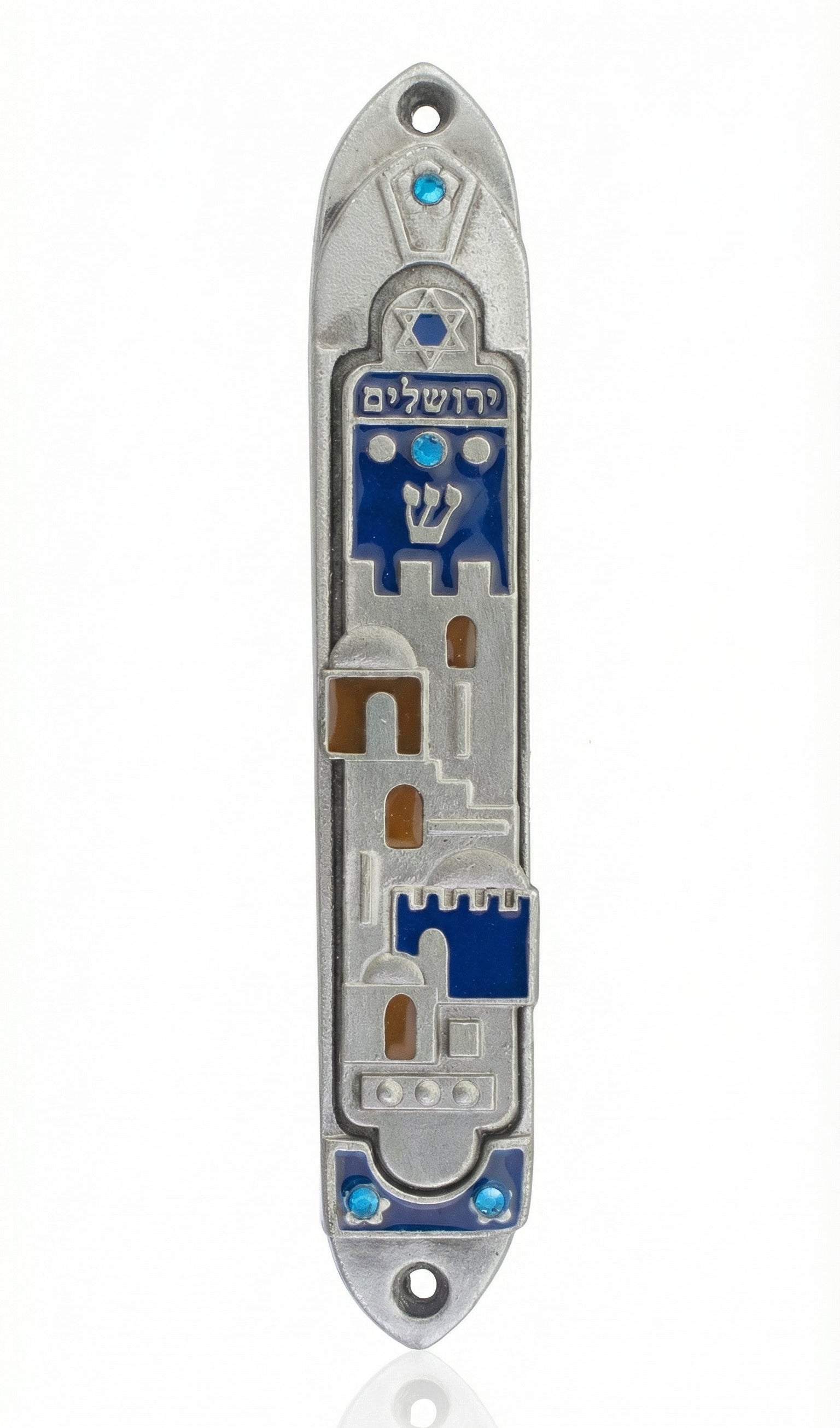 High-resolution image of a Jerusalem Dreamscape Mezuzah, hand-painted pewter with Hebrew inscriptions, set against a clean white studio background with subtle reflection.