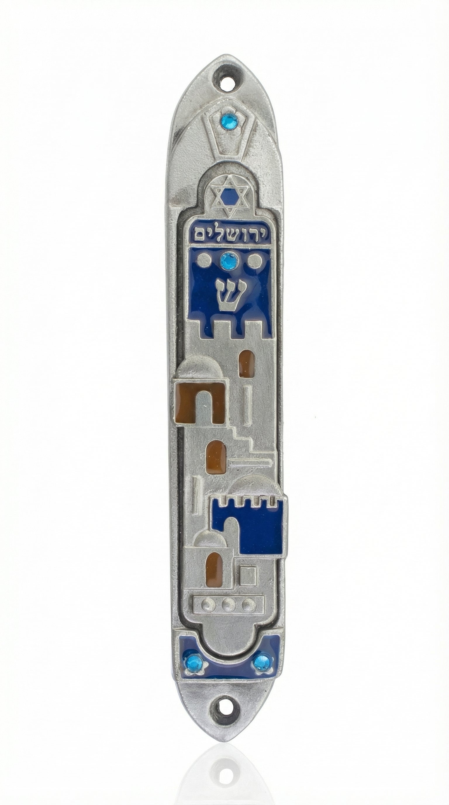 High-resolution image of a Jerusalem Dreamscape Mezuzah, hand-painted pewter with Hebrew inscriptions, set against a clean white studio background with subtle reflection.