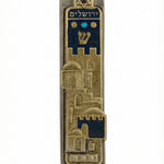 Gold Jerusalem Dreamscape Mezuzah with hand-painted scene on pewter, designed by Emanuel, perfect for home door blessing.