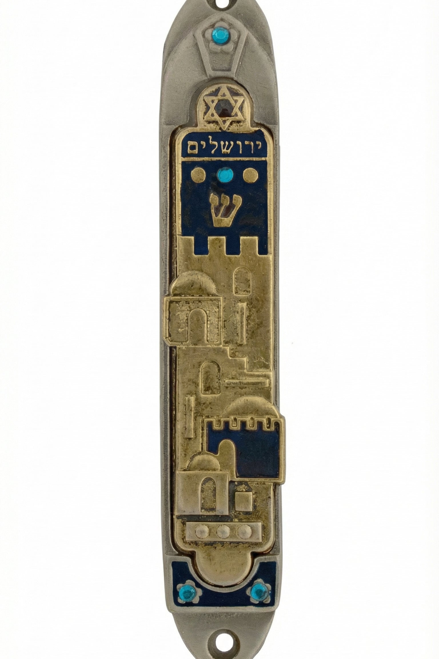Gold Jerusalem Dreamscape Mezuzah with hand-painted scene on pewter, designed by Emanuel, perfect for home door blessing.