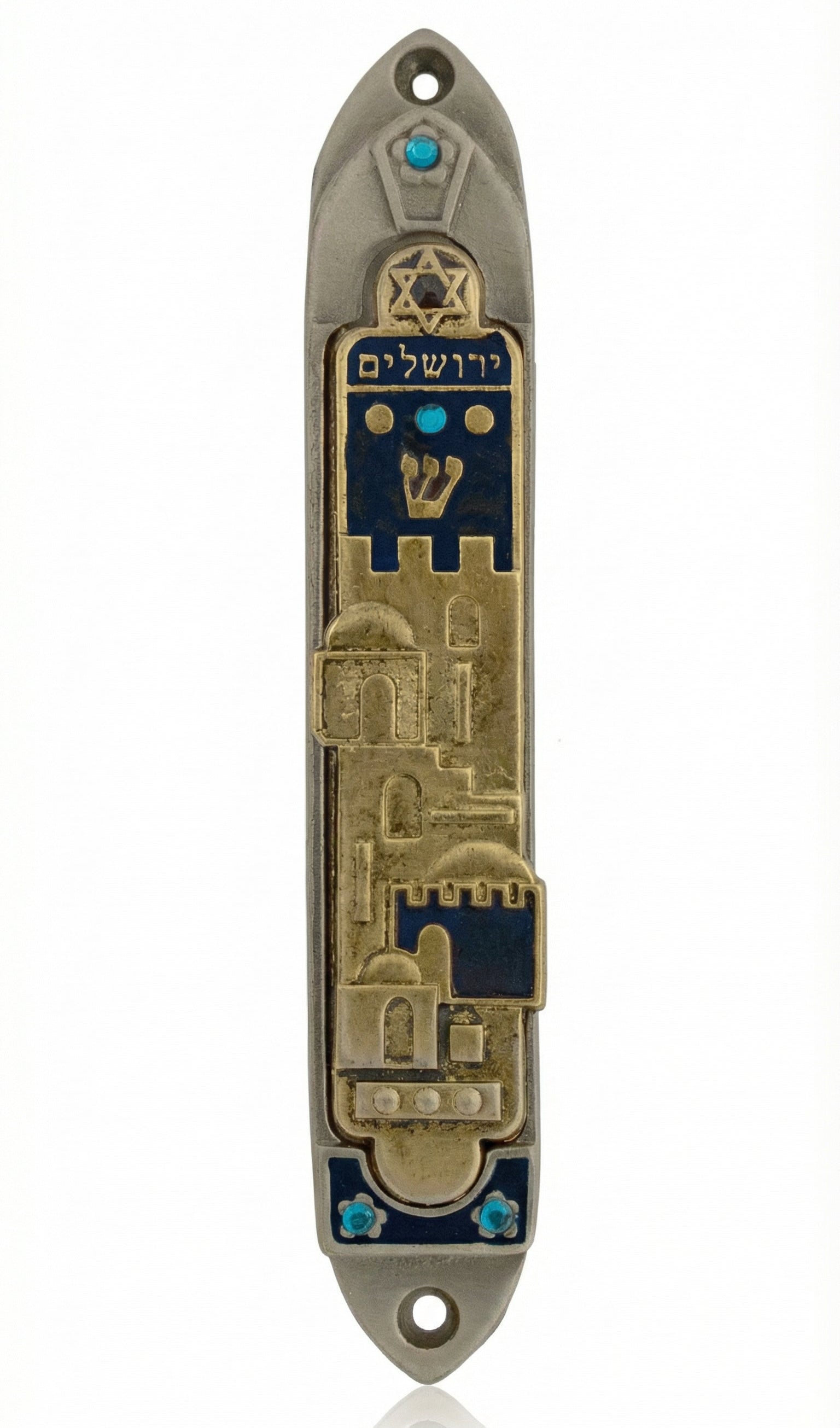 Gold Jerusalem Dreamscape Mezuzah with hand-painted scene on pewter, designed by Emanuel, perfect for home door blessing.