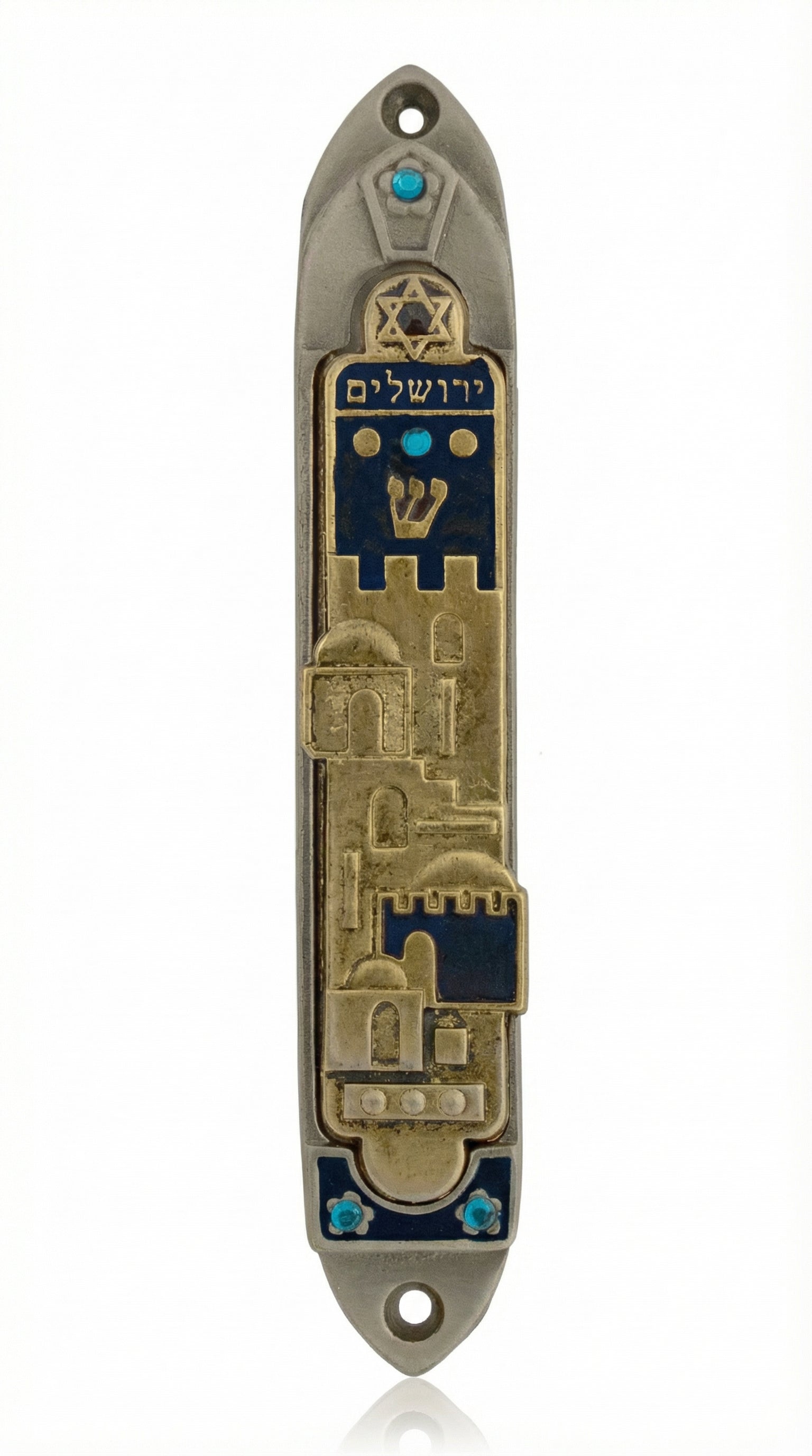 Gold Jerusalem Dreamscape Mezuzah with hand-painted scene on pewter, designed by Emanuel, perfect for home door blessing.