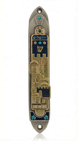 Jerusalem Dreamscape Gold Pewter Large Mezuzah Case