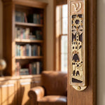 Hyper-realistic indoor doorway scene with Jerusalem’s Golden Gates mezuzah mounted on the side frame, showcasing its detailed Jerusalem-inspired design.