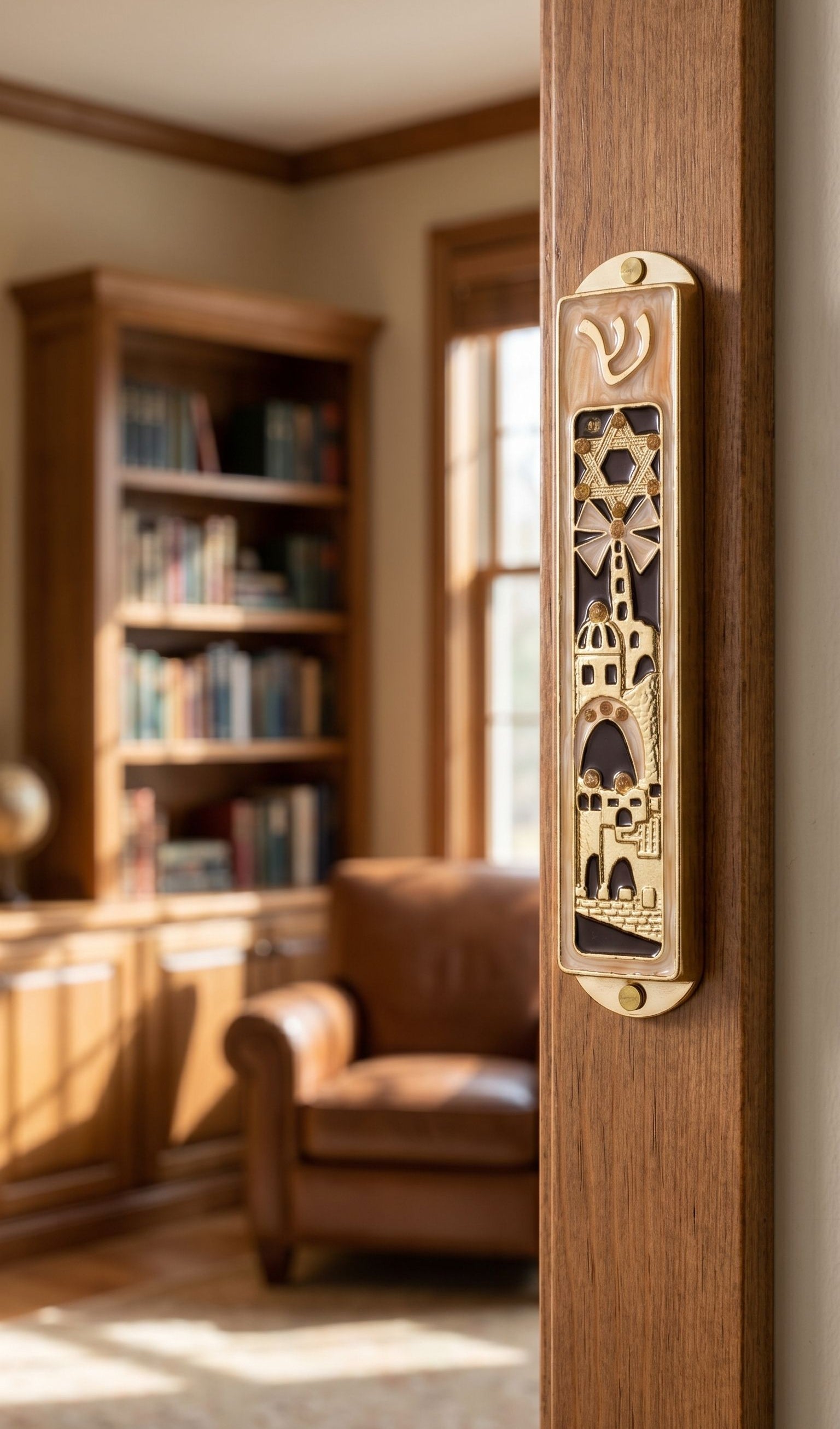 Hyper-realistic indoor doorway scene with Jerusalem’s Golden Gates mezuzah mounted on the side frame, showcasing its detailed Jerusalem-inspired design.