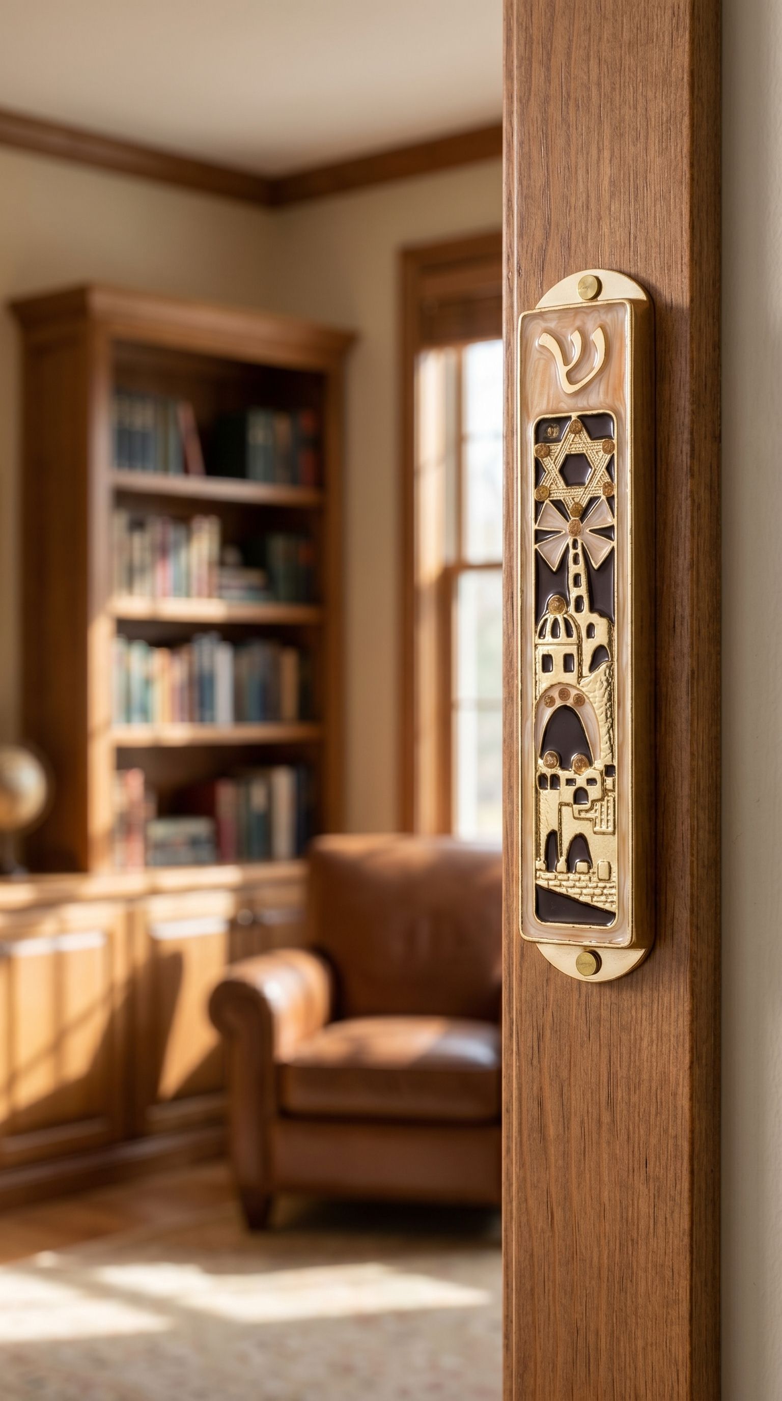 Hyper-realistic indoor doorway scene with Jerusalem’s Golden Gates mezuzah mounted on the side frame, showcasing its detailed Jerusalem-inspired design.