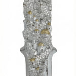 Jerusalem Hamsa Mezuzah crafted from pewter, designed for doorways, 5.3/8 inches tall, with detailed Hebrew engravings and decorative motifs.