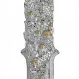 Jerusalem Hamsa Mezuzah crafted from pewter, designed for doorways, 5.3/8 inches tall, with detailed Hebrew engravings and decorative motifs.