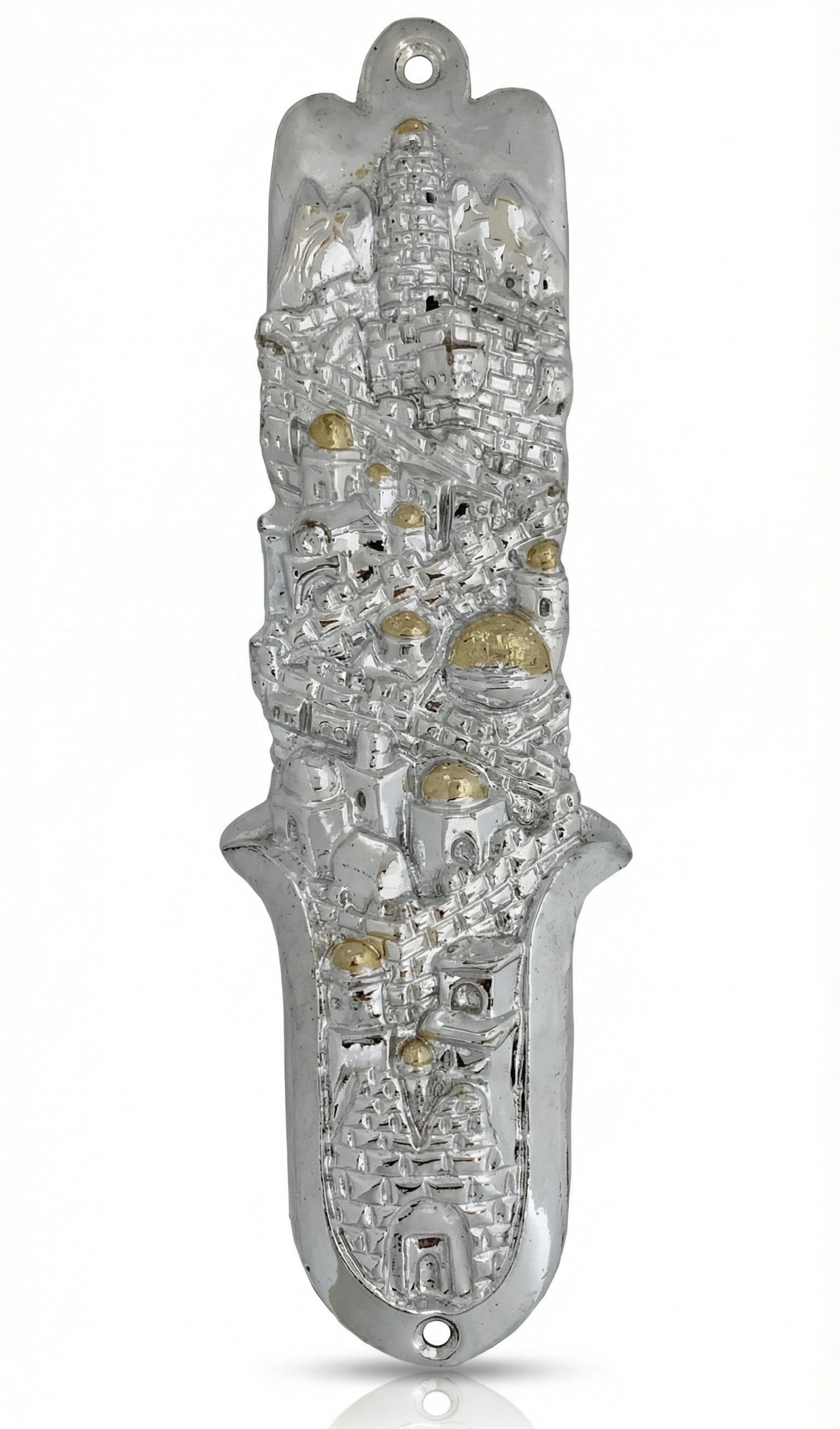 Jerusalem Hamsa Mezuzah crafted from pewter, designed for doorways, 5.3/8 inches tall, with detailed Hebrew engravings and decorative motifs.