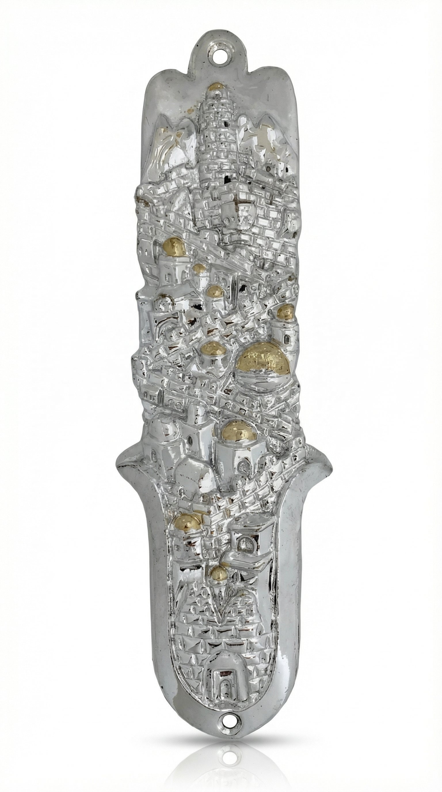 Jerusalem Hamsa pewter mezuzah case with silver and gold finish, Jerusalem-inspired decorative motifs, and 2.8-inch scroll fit