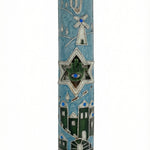 Jerusalem Hamsa Mezuzah made of pewter with hand-painted enamel, displayed on a white studio surface with subtle reflection.