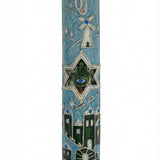 Jerusalem Hamsa Mezuzah made of pewter with hand-painted enamel, displayed on a white studio surface with subtle reflection.