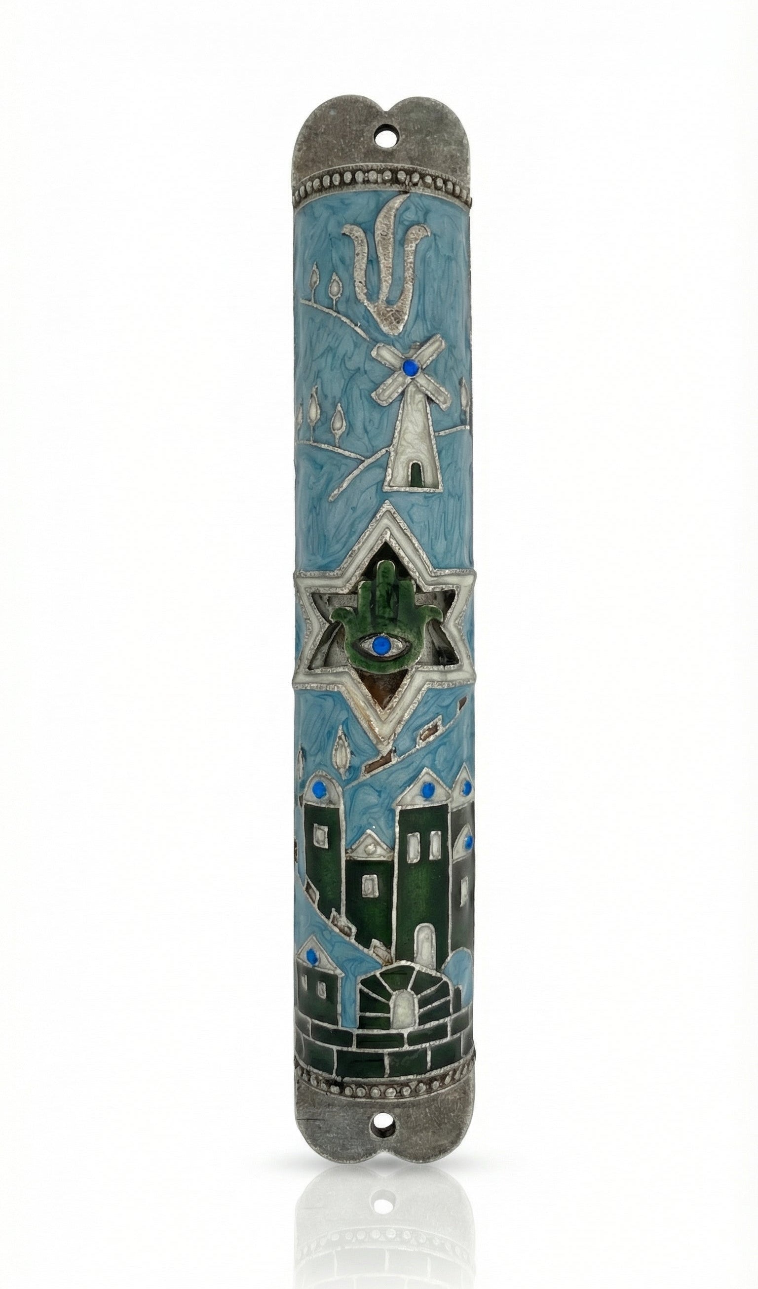 Jerusalem Hamsa Mezuzah made of pewter with hand-painted enamel, displayed on a white studio surface with subtle reflection.