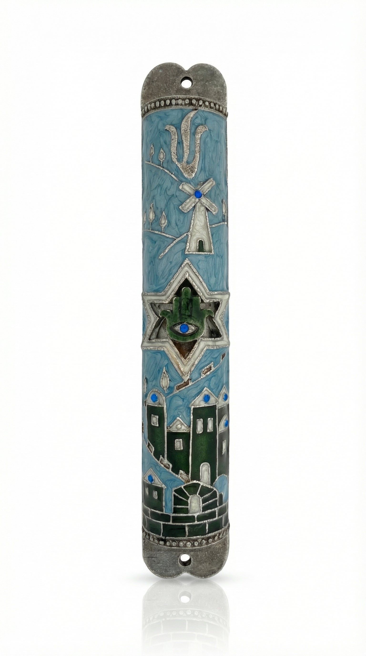 Jerusalem Hamsa Mezuzah made of pewter with hand-painted enamel, displayed on a white studio surface with subtle reflection.