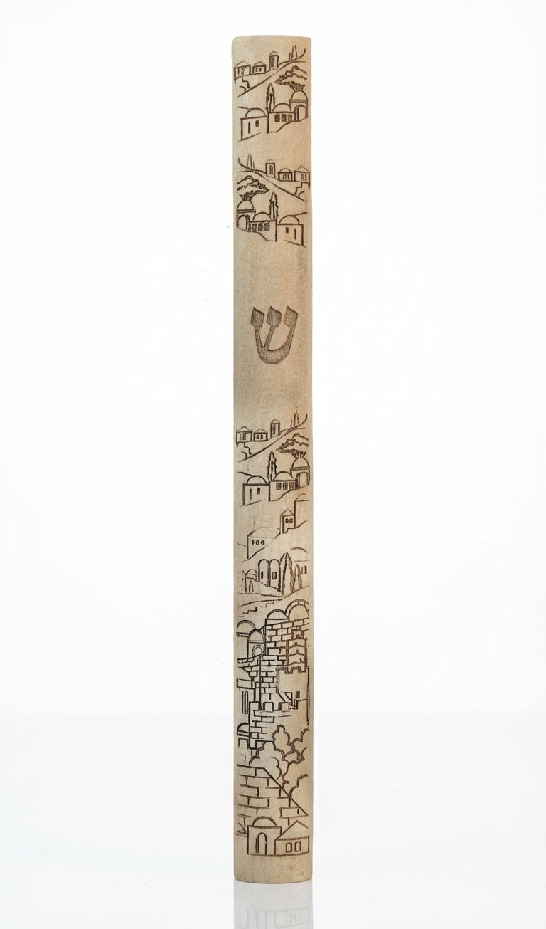 Large acrylic Jerusalem Hills Mezuzah with serene hillside scene and wood-look finish, designed for prominent placement in Jewish home doorways.