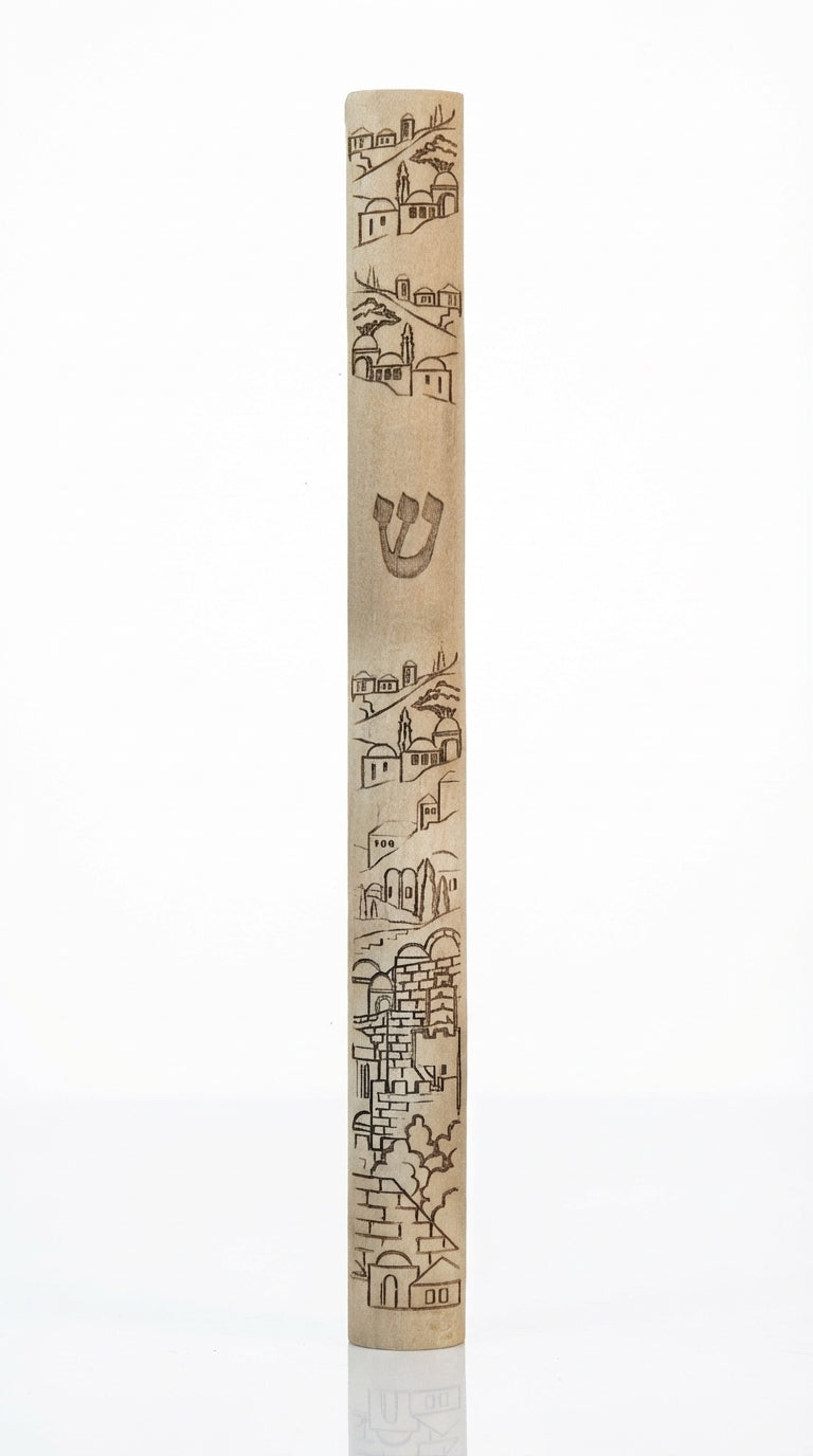 Large acrylic Jerusalem Hills Mezuzah with serene hillside scene and wood-look finish, designed for prominent placement in Jewish home doorways.