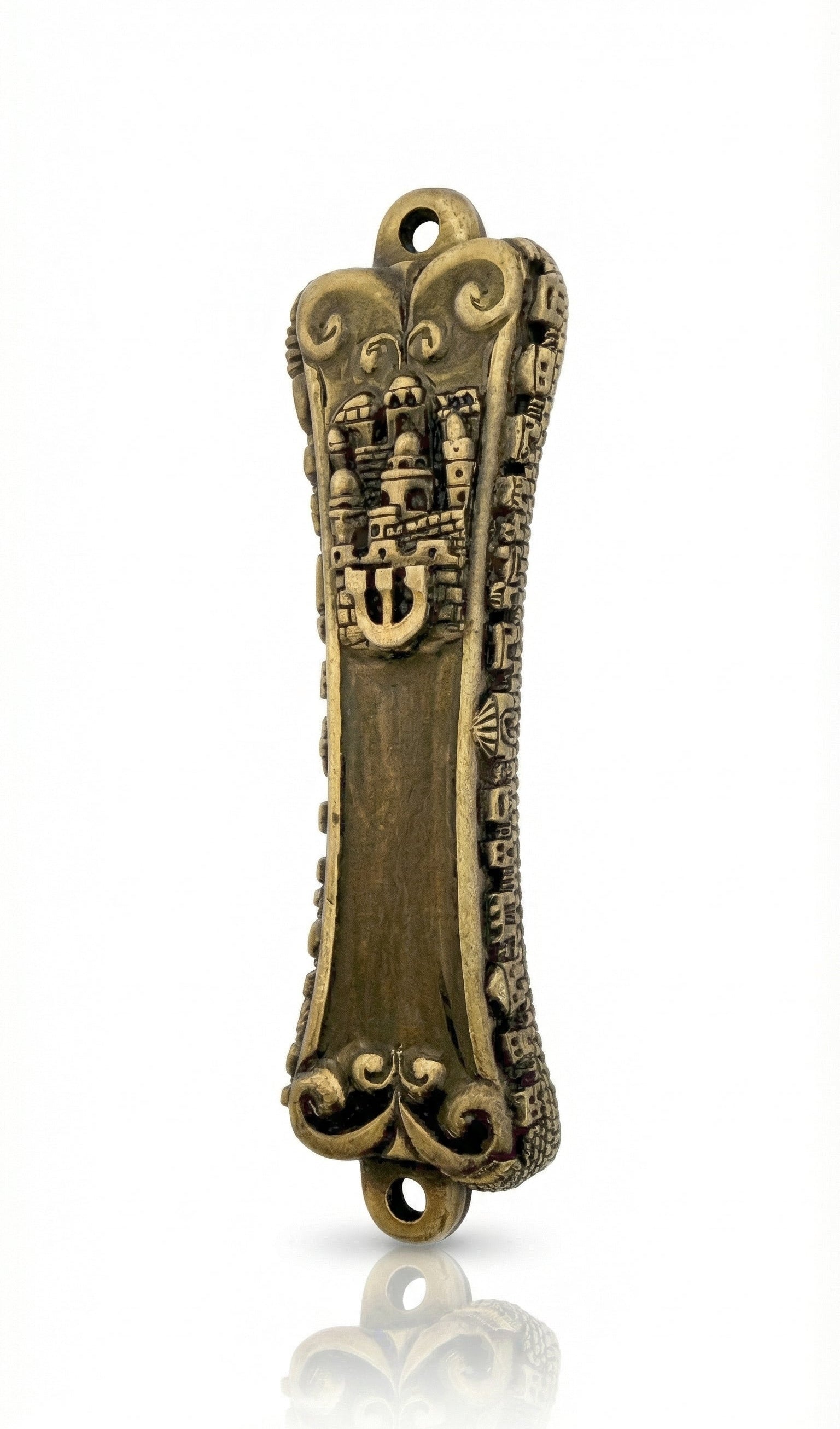 High-resolution image of an authentic brass Jerusalem Mezuzah, measuring 5.5 inches tall with detailed Hebrew engravings and decorative motifs, displayed on a white studio surface with soft reflection.