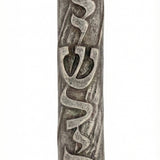 Jerusalem Mezuzah crafted from pewter, measuring 4.5 inches tall, featuring Hebrew inscriptions, decorative motifs, and a polished finish.