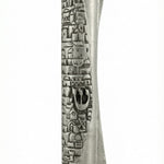 Upscale Jerusalem Mezuzah made of pewter, 5 inches tall, with detailed Hebrew engravings, displayed on a pure white studio background with soft reflection.