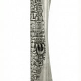 Upscale Jerusalem Mezuzah made of pewter, 5 inches tall, with detailed Hebrew engravings, displayed on a pure white studio background with soft reflection.