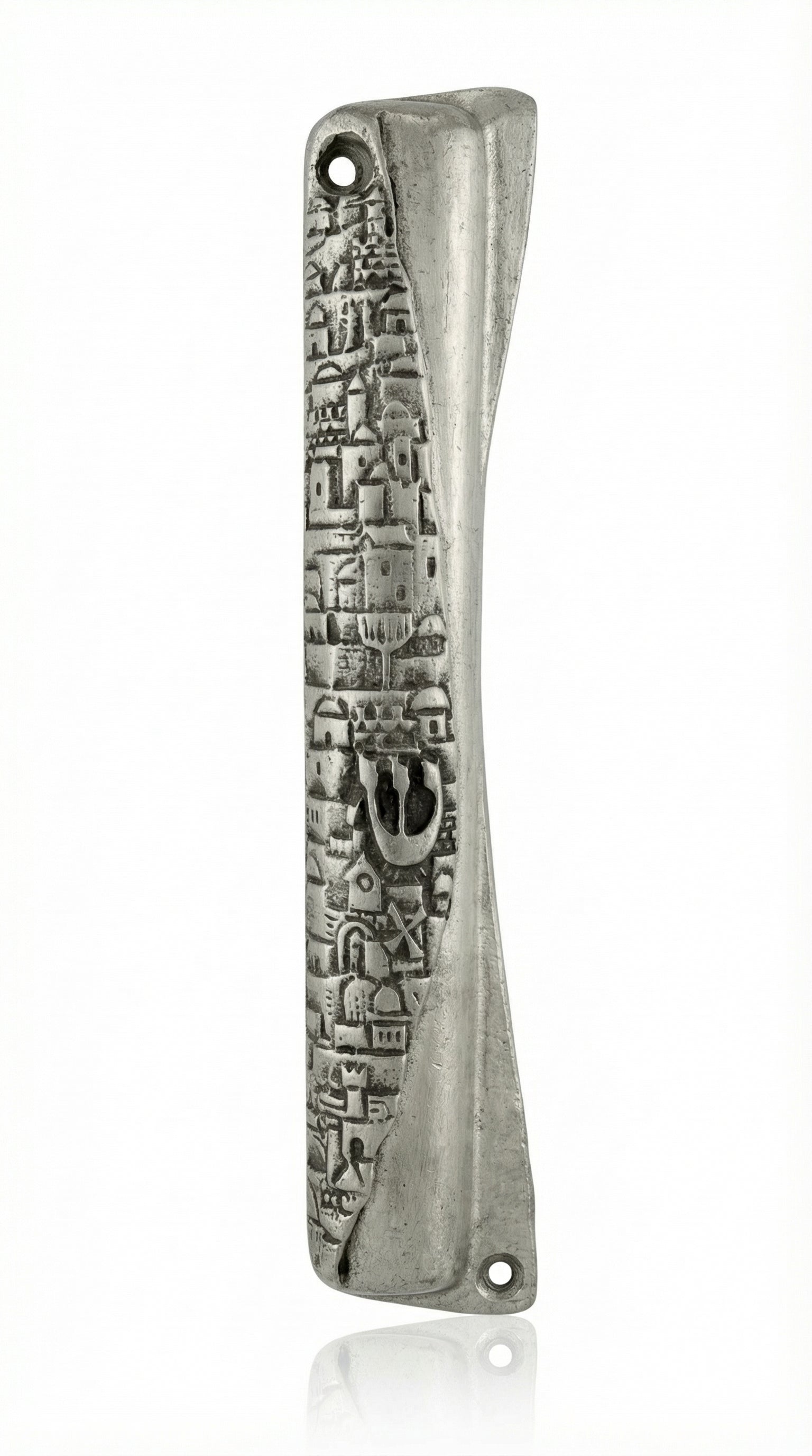 Upscale Jerusalem Mezuzah made of pewter, 5 inches tall, with detailed Hebrew engravings, displayed on a pure white studio background with soft reflection.