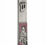Pewter Jerusalem Mezuzah with pink stones, made in Israel, featuring intricate Hebrew engravings and decorative motifs, mounted on a white background.