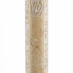 Jerusalem Stone Blessings Mezuzah, handcrafted in Israel, mounted in doorway with detailed Hebrew inscriptions and natural stone texture.