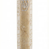 Jerusalem Stone Blessings Mezuzah, handcrafted in Israel, mounted in doorway with detailed Hebrew inscriptions and natural stone texture.