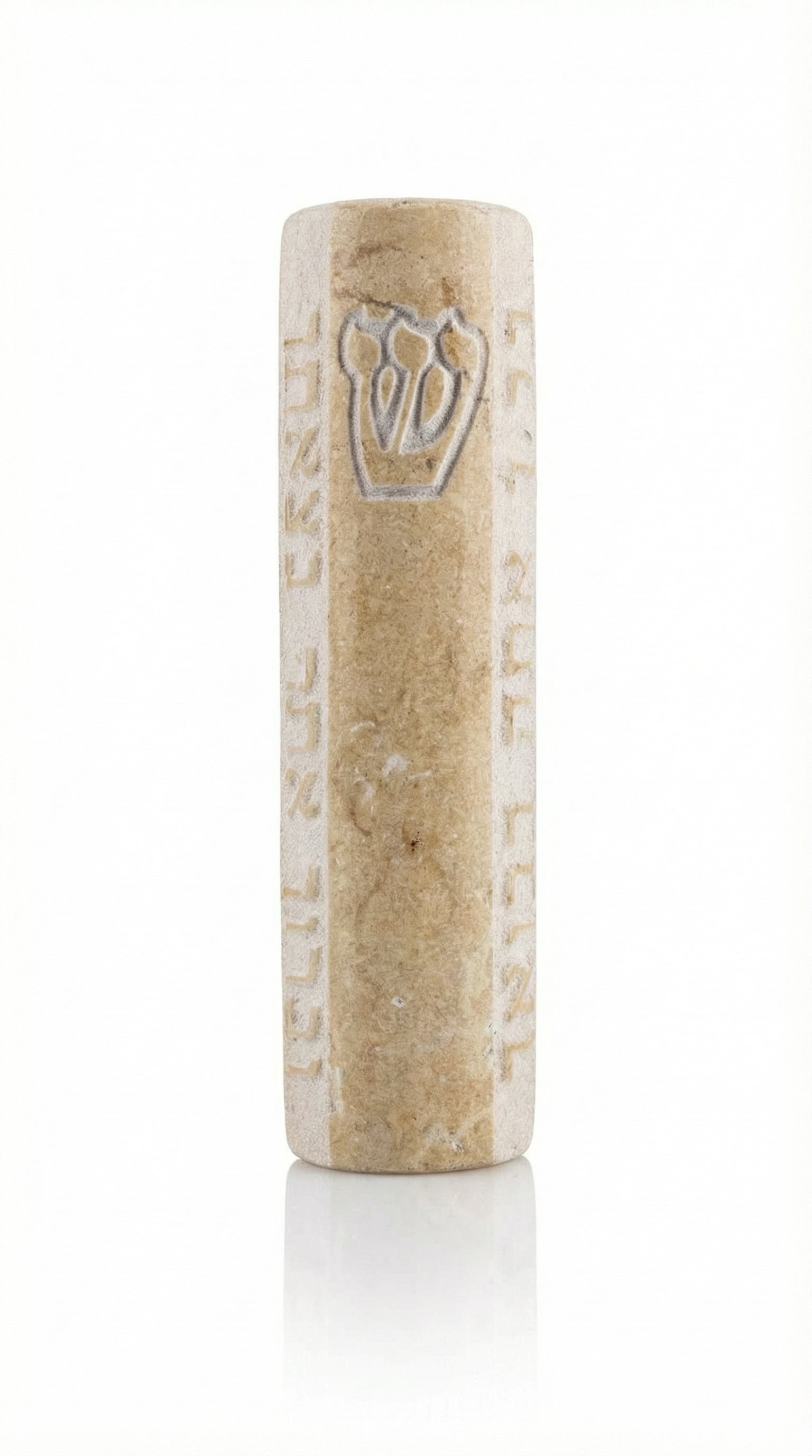 Jerusalem Stone Blessings Mezuzah, handcrafted in Israel, mounted in doorway with detailed Hebrew inscriptions and natural stone texture.