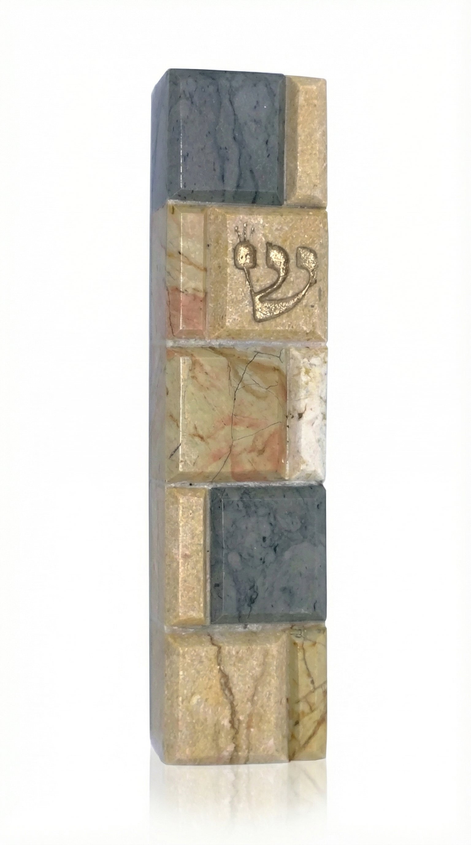 High-resolution image of a handcrafted Jerusalem stone Mezuzah, showcasing natural colors and surface details, with a polished studio white background and subtle reflection.