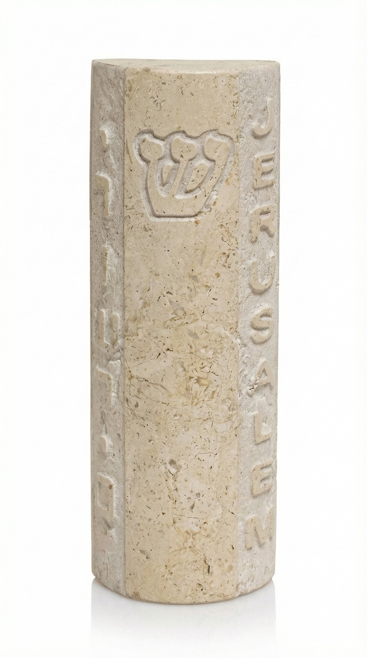 High-resolution image of a handcrafted Jerusalem stone mezuzah with Hebrew and English inscriptions, set against a pure white background with soft reflection.