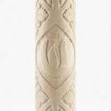 Carved Leaf Jerusalem Stone Mezuzah in cream natural stone with raised leaf motif, geometric carving and rounded handmade texture