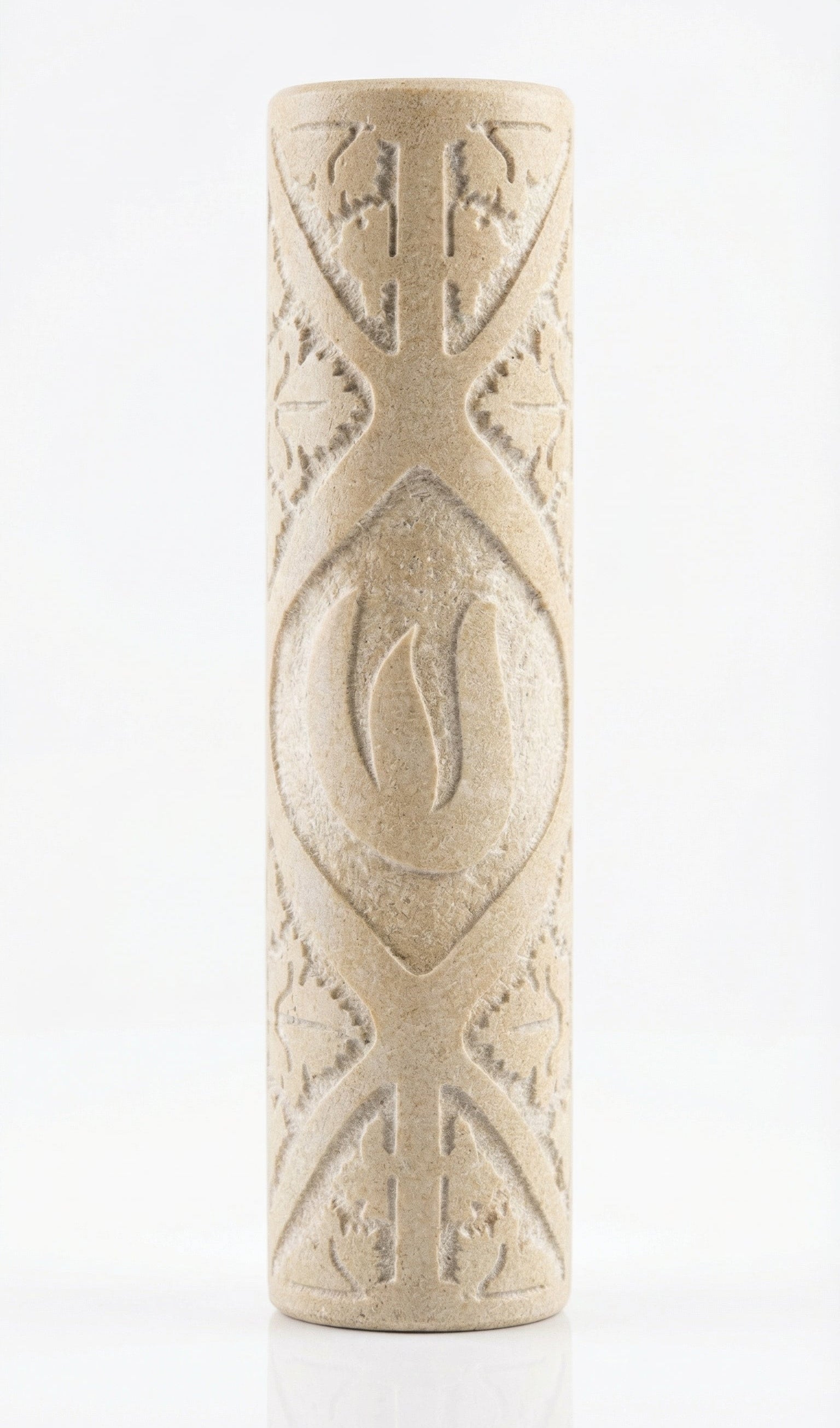Carved Leaf Jerusalem Stone Mezuzah in cream natural stone with raised leaf motif, geometric carving and rounded handmade texture