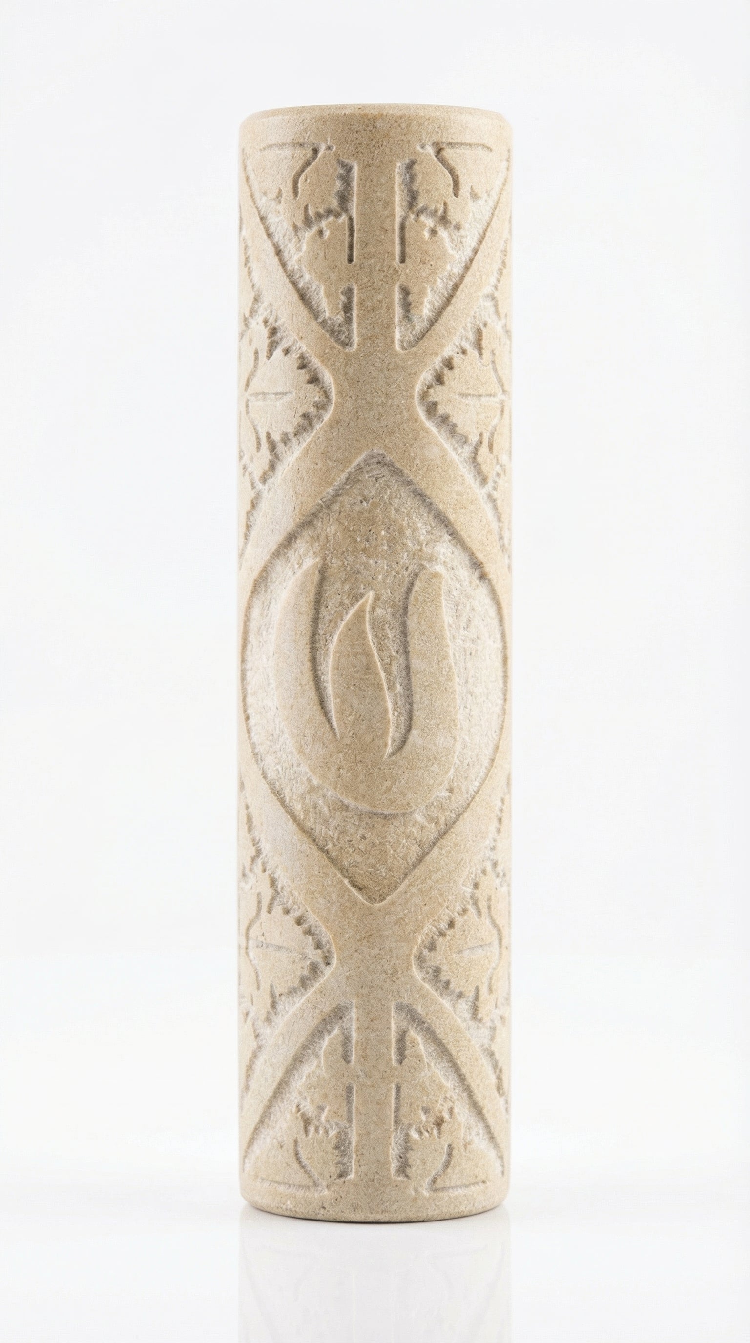 Carved Leaf Jerusalem Stone Mezuzah in cream natural stone with raised leaf motif, geometric carving and rounded handmade texture