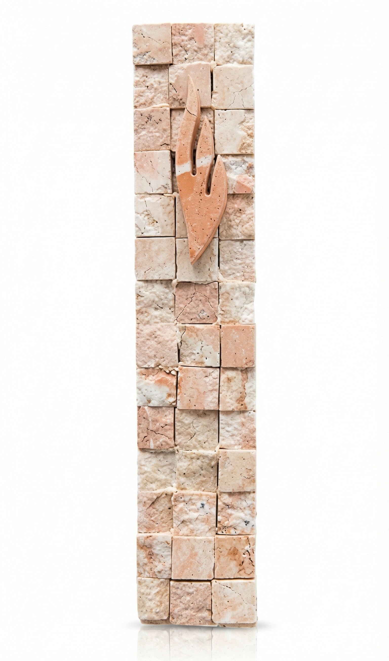 Handmade Jerusalem stone Mezuzah resembling Western Wall, with detailed texture and Hebrew engravings, on a clean white background.