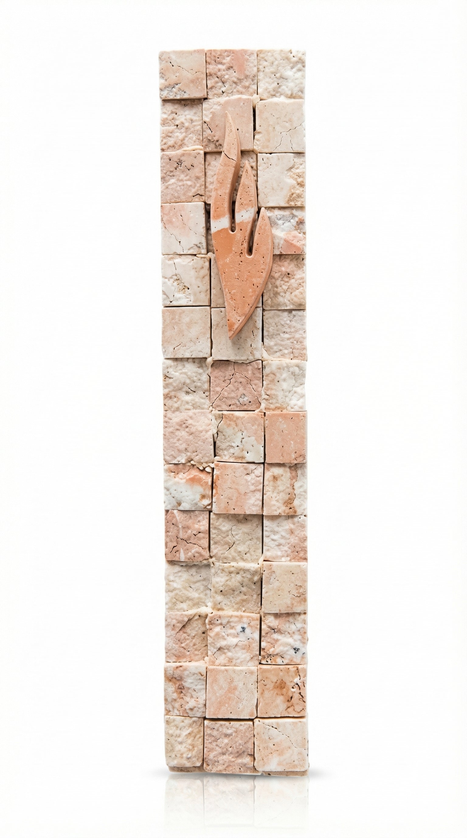 Handmade Jerusalem stone Mezuzah resembling Western Wall, with detailed texture and Hebrew engravings, on a clean white background.