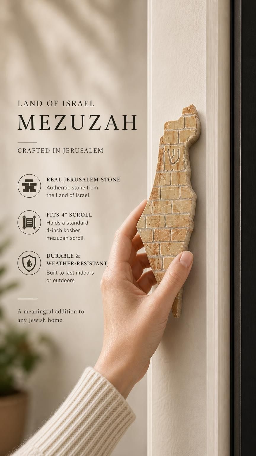 Eretz Yisrael kosher stone mezuzah mounted on a doorpost for indoor or outdoor use.