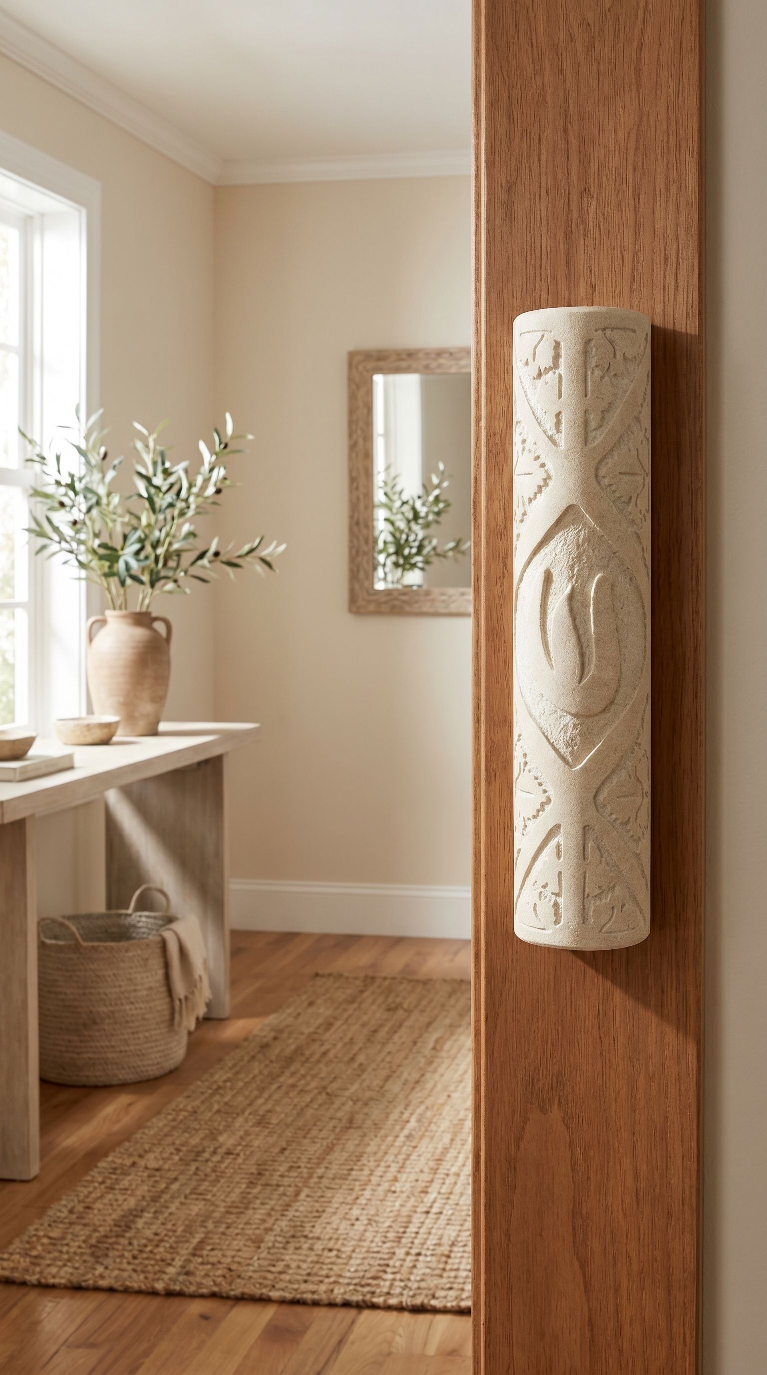 Handcrafted Jerusalem Stone mezuzah mounted on a doorframe in an indoor home setting, showcasing natural variations and traditional design.