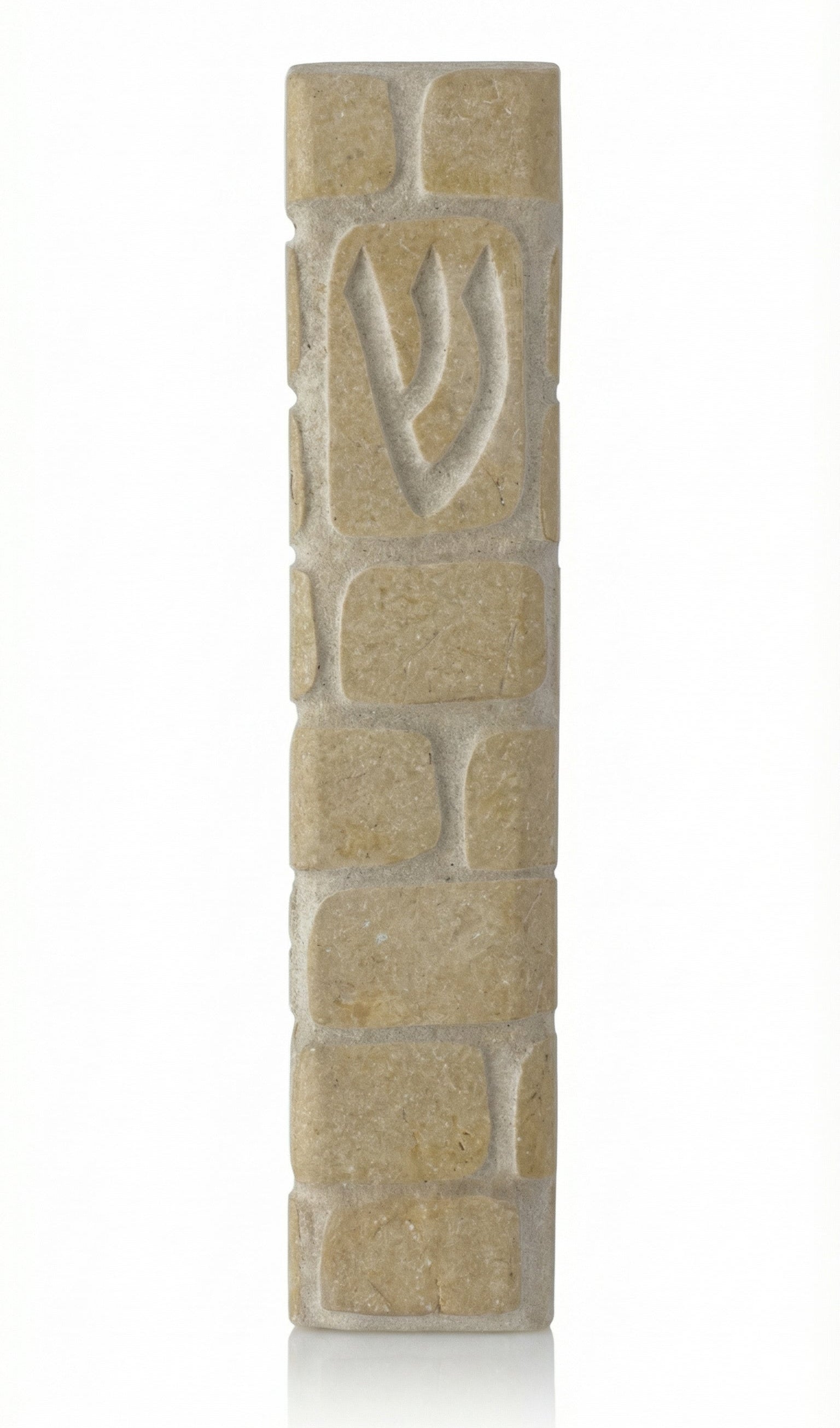 High-resolution image of a handcrafted Jerusalem stone Mezuzah with Western Wall design, natural surface variations, and intricate details, on a white background with soft reflection.