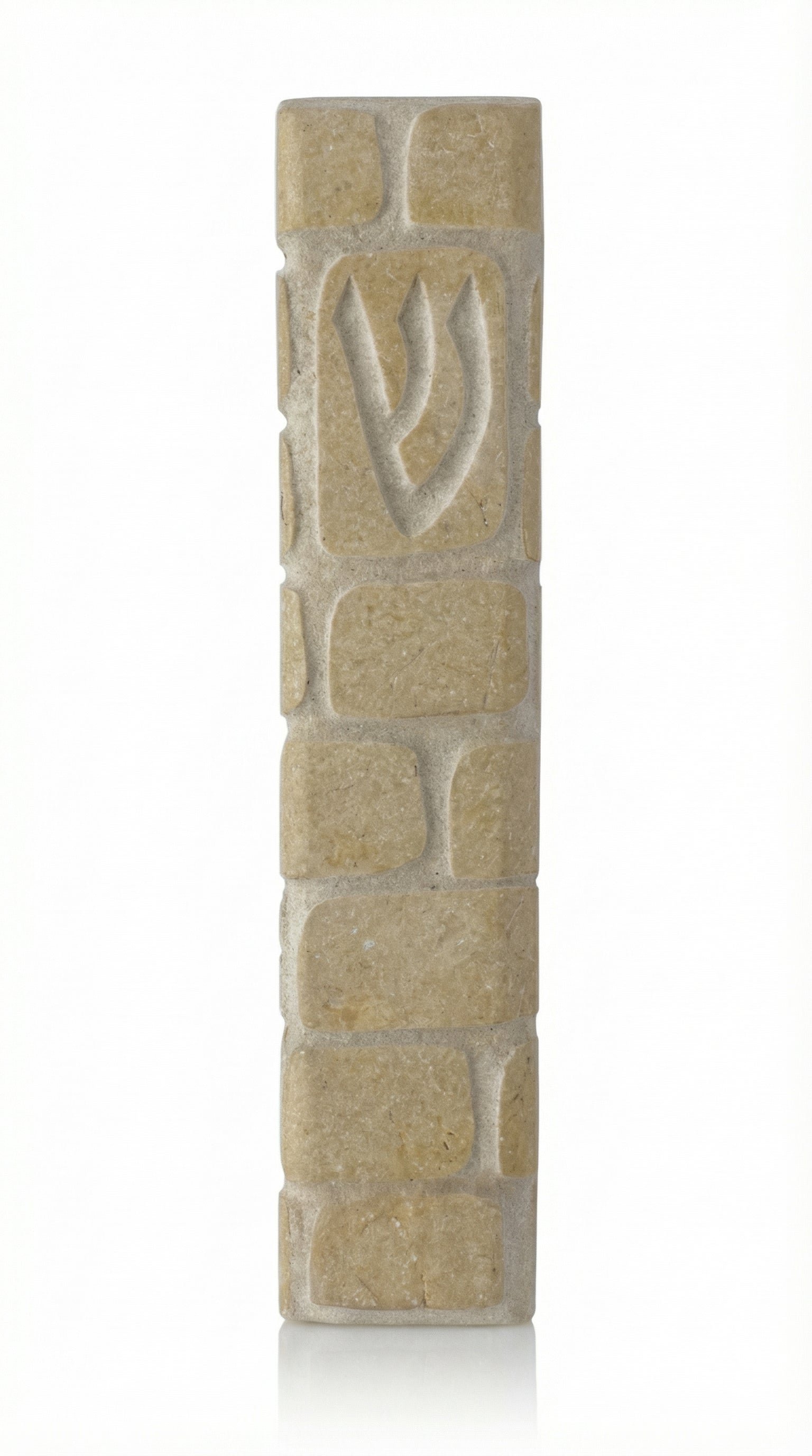 High-resolution image of a handcrafted Jerusalem stone Mezuzah with Western Wall design, natural surface variations, and intricate details, on a white background with soft reflection.