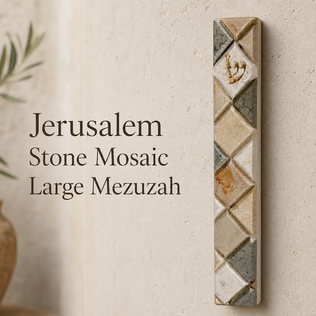 Jerusalem Stone Mosaic Large Mezuzah case with natural stone look, suitable for front doors and visible spaces, made in Israel.
