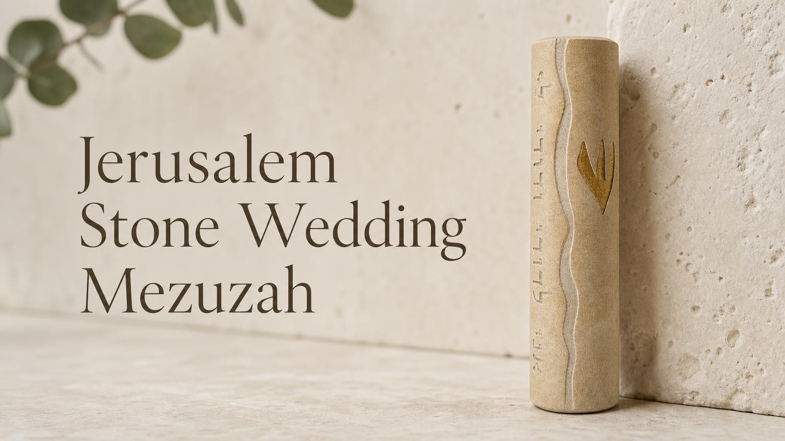 Jerusalem Stone Wedding mezuzah case displayed against a natural stone background, featuring warm cream Jerusalem stone, a flowing carved center line, Hebrew lettering along the side, and a gold Hebrew Shin on the front. A meaningful Jewish wedding, housewarming, or new home mezuzah gift with a timeless Jerusalem-inspired design